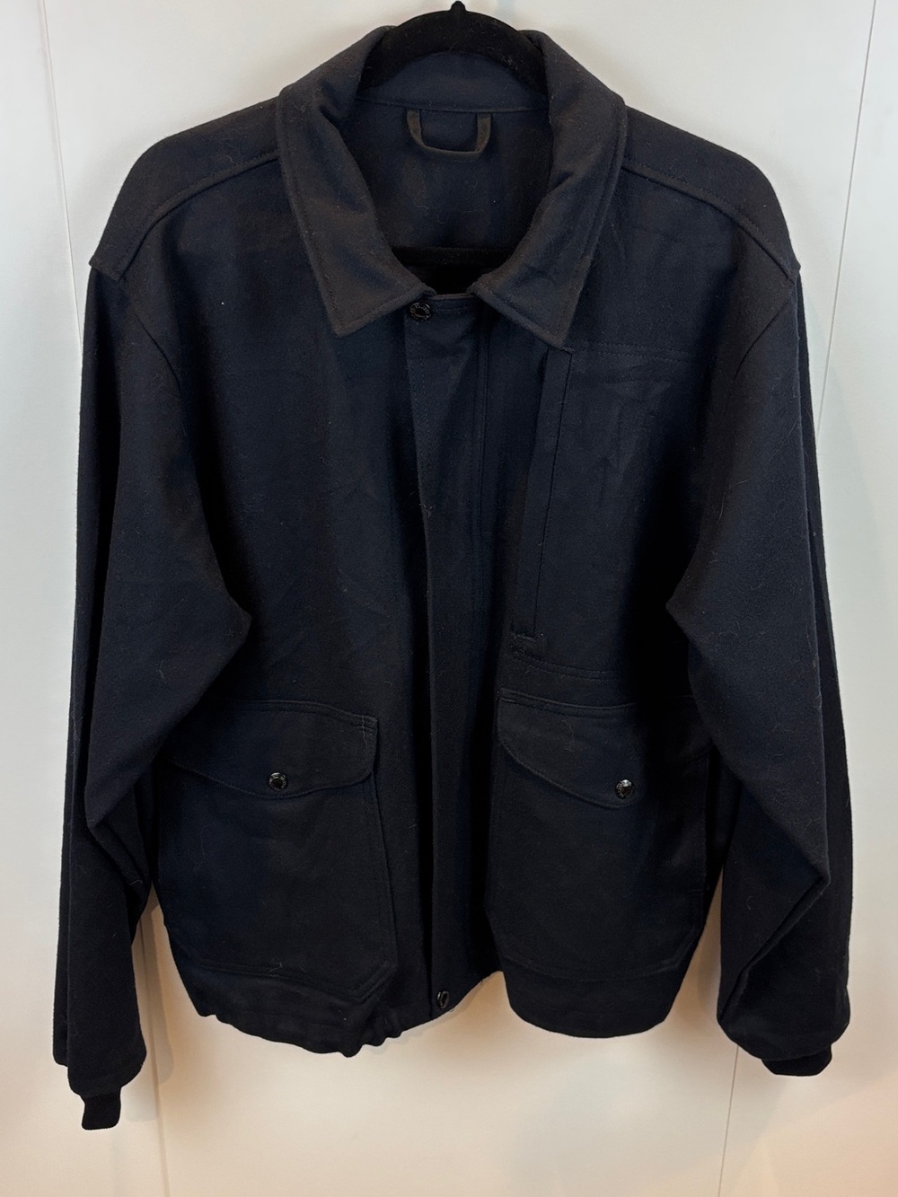 Filson Mackinaw Navy Blue 100% Virgin Wool Bomber Jacket Mens L Genuine Style 93